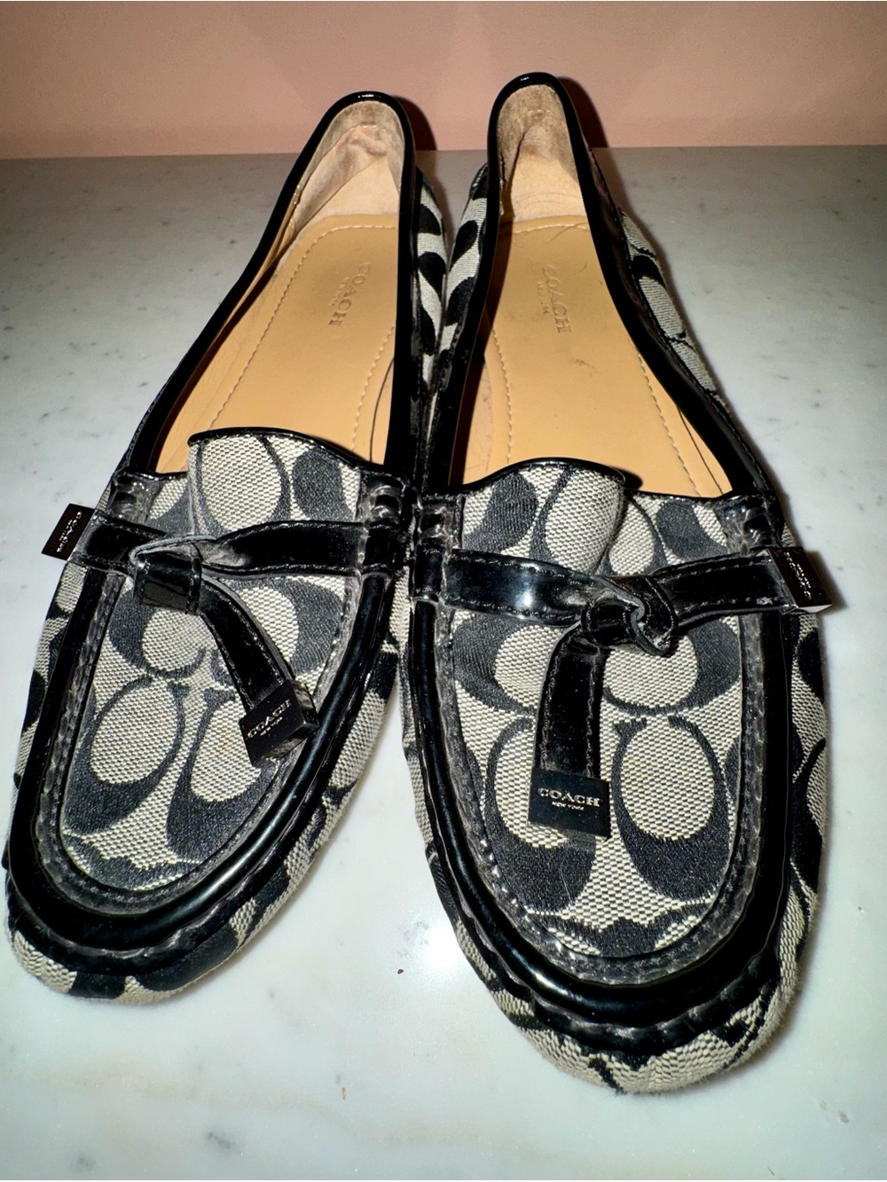 Coach Black & Gray Signature Canvas Loafers, Patent Leather Trim, Size 8.5